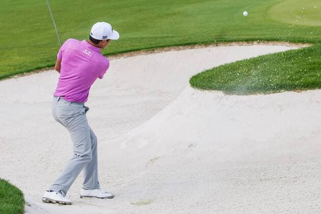 James Hahn hits his 3rd shot on the 16th hole from the green side bunker and goes on to save par during the Wells Fargo Championship on Sunday, May 8, 2016 at Quail Hallow Country Club in Charlotte, NC. David Grooms CSM PGA Golf Herren 2016: Wells Fargo Championship MAR 8 - ZUMAc04_