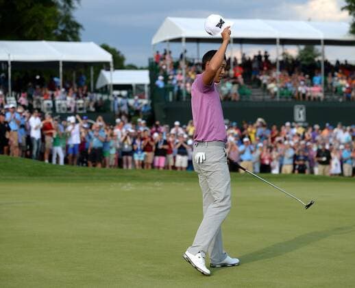 May 8, 2016 - Charlotte, NC, USA - James Hahn turns to acknowledge the cheers of the gallery following his victory over Roberto Castro in the Wells Fargo Championship on Sunday, May 8, 2016, at Quail Hollow Club in Charlotte, N.C. Wells Fargo Championship - ZUMAm67_