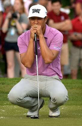 May 8, 2016 - Charlotte, NC, USA - James Hahn lines up a putt on the 18th green during the Wells Fargo Championship on Sunday, May 8, 2016, at Quail Hollow Club in Charlotte, N.C. Wells Fargo Championship - ZUMAm67_
