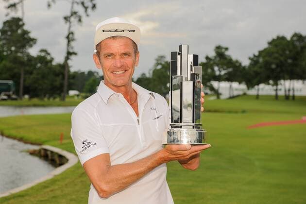 May 08, 2016: Jesper Parnevik holds the trophy for winning the 2016 Champions Tour Insperity Invitational, The Woodlands Country Club, The Woodlands, Texas. (Photo by Ken Murray) GOLF: MAY 08 Champions Tour - Insperity Invitational - Final Round Icon201605082016029 EDITORIAL USE ONLY