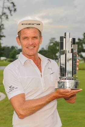 May 08, 2016: Jesper Parnevik holds the trophy for winning the 2016 Champions Tour Insperity Invitational, The Woodlands Country Club, The Woodlands, Texas. (Photo by Ken Murray) GOLF: MAY 08 Champions Tour - Insperity Invitational - Final Round Icon201605082016030 EDITORIAL USE ONLY