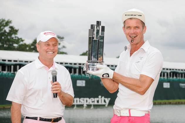 May 08, 2016: Jesper Parnevik is presented the Insperity Invitational Trophy following the final round of the 2016 Champions Tour Insperity Invitational, The Woodlands Country Club, The Woodlands, Texas. (Photo by Ken Murray) GOLF: MAY 08 Champions Tour - Insperity Invitational - Final Round Icon201605082016025 EDITORIAL USE ONLY