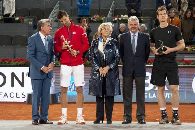 Manolo Santana, Novac Djokovic, Manuela Carmena und Andy Murray beim Final-Match Novak Djokovic vs Andy Murray beim Mutua Madrid Open 2016 Tennisturnier im Sportkomplex Caja Magica. Madrid, 07.05.2016  Foto:xDyDxFotografosx xFuturexImage