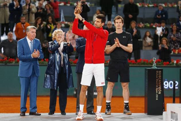Novak Djokovic (SER), MAY 8, 2016 - Tennis : Novak Djokovic of Serbia celebrate with his trophey during awards ceremony of singls final match against Andy Murray of Britain on the ATP Tennis Herren World Tour Masters 1000 Mutua Madrid Open tennis tournament at the Caja Magica in Madrid, Spain, May 8, 2016. Noxthirdxpartyxsales  (heha025315)