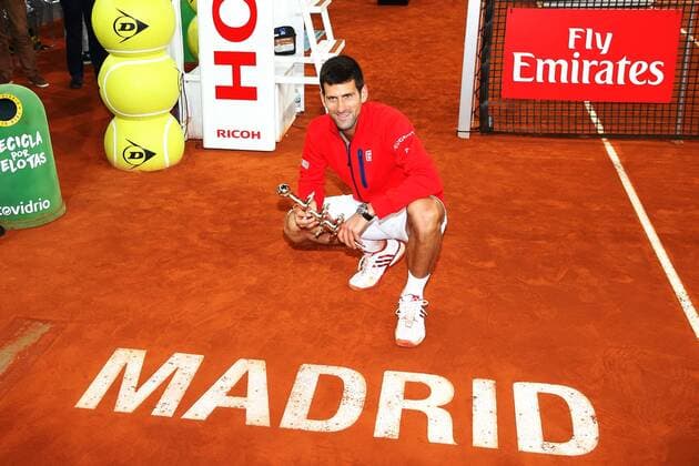 Novak Djokovic (SER), MAY 8, 2016 - Tennis : Novak Djokovic of Serbia celebrate with his trophey during awards ceremony of singls final match against Andy Murray of Britain on the ATP Tennis Herren World Tour Masters 1000 Mutua Madrid Open tennis tournament at the Caja Magica in Madrid, Spain, May 8, 2016. Noxthirdxpartyxsales  (heha025318)