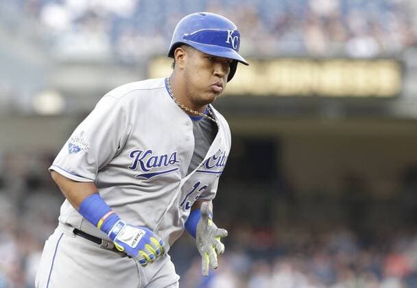Kansas City Royals Salvador Perez hits a 3-run home run in the first inning against the New York Yankees at Yankee Stadium in New York City on May 11, 2016.  NYP20160511108 JOHNxANGELILLO