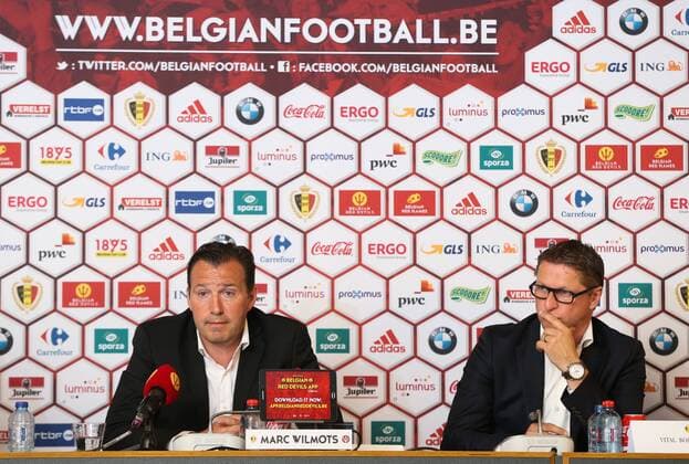 Belgium s head coach Marc Wilmots and Belgium s assistant coach Vital Borkelmans pictured during a press conference PK Pressekonferenz of Belgian national soccer team Red Devils head coach, Thursday 12 May 2016, at the headquarters of the federation KBVB-URBSFA, in Brussels. Head coach Wilmots will announce the first selection for the upcoming Euro2016 tournament. VIRGINIExLEFOUR  x04848164x