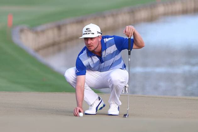 May 14, 2016 - Ponte Vedra Beach, Florida, United States - Jonas Blixt lines up a putt on the 18th green during the third round of The PLAYERS Championship at TPC Sawgrass. Golf 2016 - The PLAYERS Championship - Round 3 - ZUMAw109