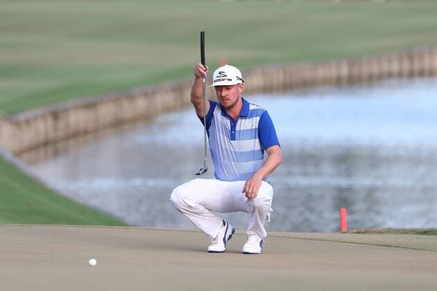 May 14, 2016 - Ponte Vedra Beach, Florida, United States - Jonas Blixt lines up a putt on the 18th green during the third round of The PLAYERS Championship at TPC Sawgrass. Golf 2016 - The PLAYERS Championship - Round 3 - ZUMAw109