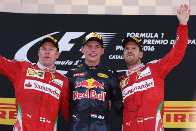 Formel 1, GP von Spanien, Sieger Max Verstappen 160515 Kimi Raikkonen (FIN) Ferrari, Max Verstappen (NDL) Red Bull Racing, Sebastian Vettel (GER) Ferrari, FP2 Spanish Formula One Grand Prix at Circuit de Catalunya on May 13, 2016 in Montmelo, Spain. under Spaniens Grand Prix den 15 maj 2016 i Barcelona.  Copyright: PATRIKxLUNDIN BB160515BB647