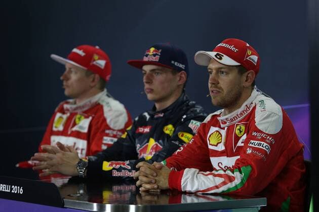 Spanish Grand Prix, Barcelona 12 - 15 May 2016 15.05.2016- Race 2, press conference PK Pressekonferenz Kimi Raikkonen (FIN) Scuderia Ferrari SF16-H, Max Verstappen (NED) Red Bull Racing RB12 and Sebastian Vettel (GER) Scuderia Ferrari SF16-H 
