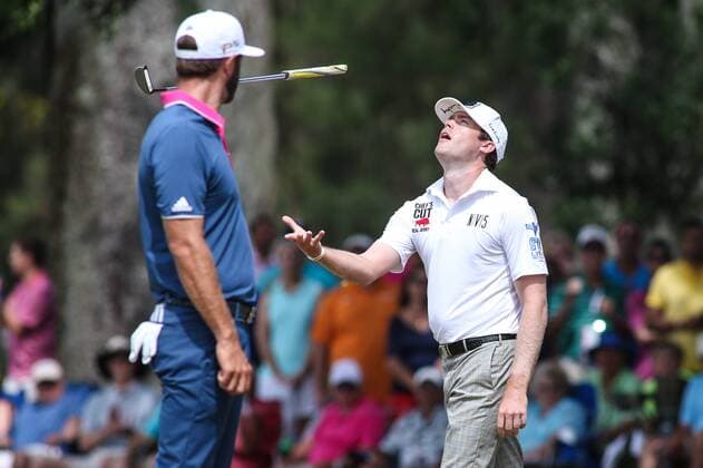 May 15, 2016: Kyle Reifers (right) tosses his putter after missing a putt as Dustin Johnson looks on during the final round of THE PLAYERS Championship at TPC Sawgrass in Ponte Vedra Beach, Fl. (Photo by David Rosenblum Icon Sportswire) GOLF: MAY 15 PGA Golf Herren - THE PLAYERS Championship - Final Round Icon1605152885 EDITORIAL USE ONLY