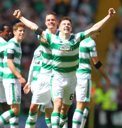 15.05.2016. Celtic Park, Glasgow, Scotland. Scottish Premier League. Celtic versus Motherwell. Kieran Tierney celebrates his first senior goal for Celtic xVagelisxGeorgarioux  ActionPlus11737874