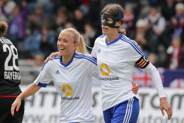 v.li.: Torschützin Mandy Islacker (Frankfurt, 17) und Kerstin Garefrekes (Frankfurt, 18) jubeln über das Tor zum 3:0, Jubel, Torjubel, Torerfolg, celebrate the goal, goal, celebration, Jubel ueber das Tor, optimistisch, Action, Aktion, Fussball, Allianz Frauen-Bundesliga, 1. FFC Frankfurt - Bayer 04 Leverkusen, xozx