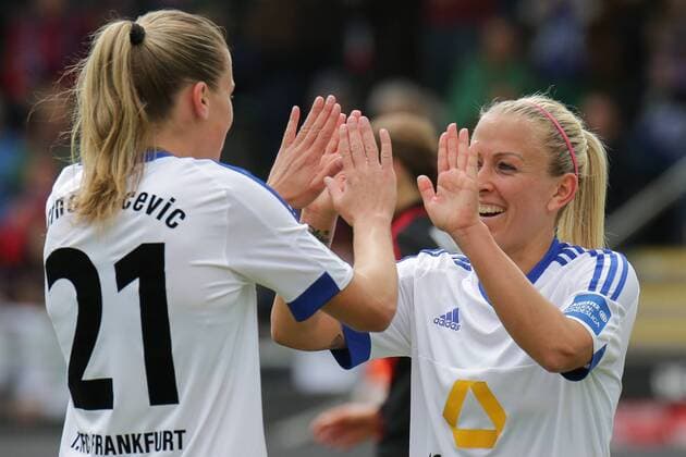 v.li.: Ana-Maria Crnogorcevic (Frankfurt, 21) und Torschützin Mandy Islacker (Frankfurt, 17) jubeln über das Tor zum 3:0, Jubel, Torjubel, Torerfolg, celebrate the goal, goal, celebration, Jubel ueber das Tor, optimistisch, Action, Aktion, Fussball, Allianz Frauen-Bundesliga, 1. FFC Frankfurt - Bayer 04 Leverkusen, xozx