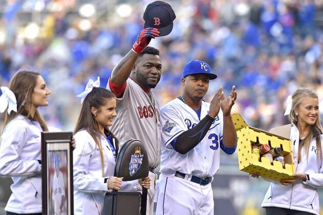 May 17, 2016 - Kansas City, MO, USA - Boston Red Sox designated hitter David Ortiz is recognized and given gifts by the Kansas City Royals organization and pitcher Edinson Volquez prior to a game on Tuesday, May 17, 2016, at Kauffman Stadium in Kansas City, Mo. Ortiz is retiring at the end of the season. Boston at Kansas City - ZUMAm67_