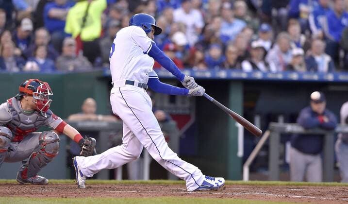 May 17, 2016 - Kansas City, MO, USA - The Kansas City Royals Eric Hosmer connects on a solo home run in the third inning against the Boston Red Sox on Tuesday, May 17, 2016, at Kauffman Stadium in Kansas City, Mo. Boston at Kansas City - ZUMAm67_