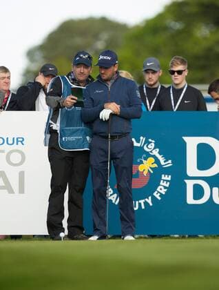 18.05.2016. The K Club, Straffan, Co. Kildare, Ireland. Dubai Duty Free Irish Open Golf Championship Pro-AM. Graeme McDowell checks the yardage with his caddy on the 10th tee during the Pro-Am on Wednesday. xPeterxFitzpatrickx  ActionPlus11738287