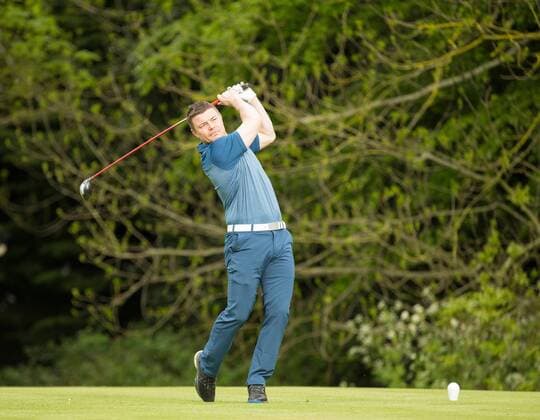 18.05.2016. The K Club, Straffan, Co. Kildare, Ireland. Dubai Duty Free Irish Open Golf Championship Pro-AM. Brian O Driscoll teeing off on the 10th tee. xPeterxFitzpatrickx  ActionPlus11738296