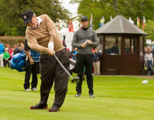 17.05.2016. The K Club, Straffan, Co. Kildare, Ireland. Dubai Duty Free Irish Open Golf Championship Pro-AM. JP McManus teeing off on the 1st hole. xPeterxFitzpatrickx  ActionPlus11738354
