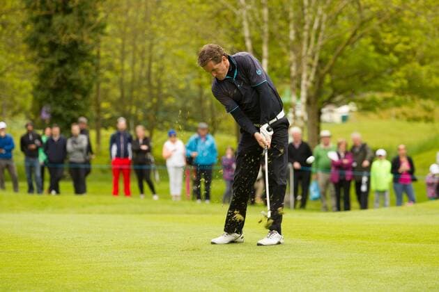 17.05.2016. The K Club, Straffan, Co. Kildare, Ireland. Dubai Duty Free Irish Open Golf Championship Pro-AM. AP McCoy hits his second shot on the 2nd fairway. xPeterxFitzpatrickx  ActionPlus11738355