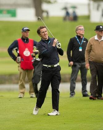 17.05.2016. The K Club, Straffan, Co. Kildare, Ireland. Dubai Duty Free Irish Open Golf Championship Pro-AM. AP McCoy takes his second shot on the 1st fairway. xPeterxFitzpatrickx  ActionPlus11738366