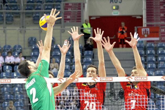 METODI ANANIEV ( BULGARIA ) ARNO VAN DE VELDE ( BELGIUM ) FRANCOIS LECAT ( BELGIUM ) 2016.05.19 KRAKOW TAURON ARENA VOLLEYBALL NATIONAL TEAMS COMPETITION XIV WAGNER S MEMORIAL BULGARIA - BELGIUM  LWI160519_031