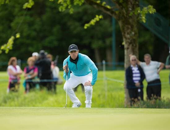 19.05.2016. The K Club, Straffan, Co. Kildare, Ireland. Dubai Duty Free Irish Open Golf Championship, round 1. Rory Mcilroy lines up his putt on the 3rd green. xPeterxFitzpatrickx  ActionPlus11738874