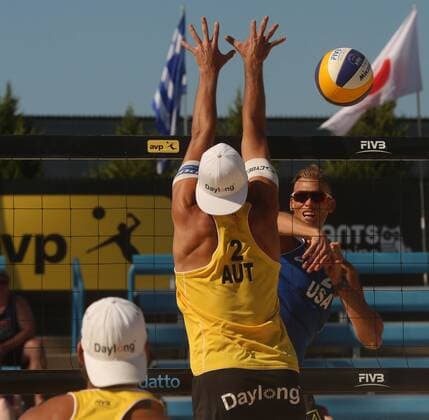 May 19, 2016 - Cincinnati, Ohio, U.S - Casey Patterson U.S.A. hits pass a block during play in the AVP FIVB Cincinnati Open Beach volleyball Beachvolleyball event on Thu March 19, 2016 in Cincinnati,Ohio. AVP FiVB Beach Volleyball Cincinnati Open - ZUMAc199