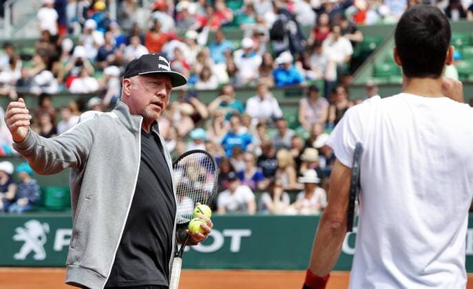 TENNIS - ATP Tennis Herren French Open 2016 PARIS,FRANCE,21.MAY.16 - TENNIS - ATP World Tour, Roland Garros, French Open, Grand Slam, training. Image shows Boris Becker and Novak Djokovic (SRB). GEPAxpictures xMatthiasxHauer