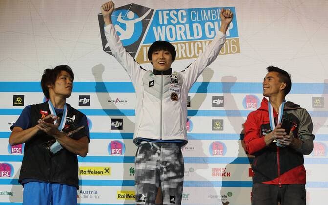 CLIMBING - IFCS World Cup 2016 INNSBRUCK,AUSTRIA,21.MAY.16 -CLIMBING - IFSC Climbing World Cup, bouldering, men, award ceremony. Image shows Tomoa Narasaki (JPN), Jongwon Chon (KOR) and Sean Mccoll (CAN). GEPAxpictures xAndreasxPranter