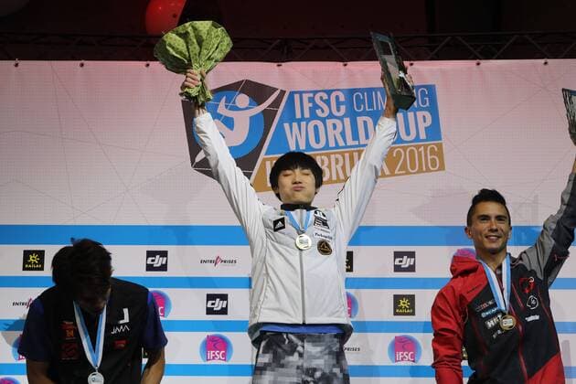CLIMBING - IFCS World Cup 2016 INNSBRUCK,AUSTRIA,21.MAY.16 -CLIMBING - IFSC Climbing World Cup, bouldering, men, award ceremony. Image shows Tomoa Narasaki (JPN), Jongwon Chon (KOR) and Sean Mccoll (CAN). GEPAxpictures xAndreasxPranter