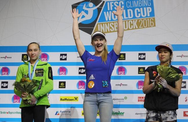 CLIMBING - IFCS World Cup 2016 INNSBRUCK,AUSTRIA,21.MAY.16 -CLIMBING - IFSC Climbing World Cup, bouldering, women, award ceremony. Image shows Janja Garnbret (SLO), Shauna Coxsey (GBR) and Miho Nonaka (JPN). GEPAxpictures xAndreasxPranter