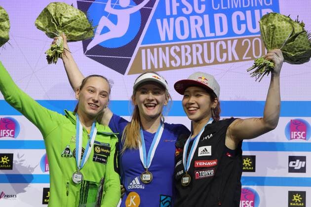 CLIMBING - IFCS World Cup 2016 INNSBRUCK,AUSTRIA,21.MAY.16 -CLIMBING - IFSC Climbing World Cup, bouldering, women, award ceremony. Image shows Janja Garnbret (SLO), Shauna Coxsey (GBR) and Miho Nonaka (JPN). GEPAxpictures xAndreasxPranter