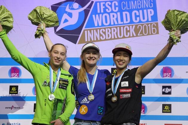 CLIMBING - IFCS World Cup 2016 INNSBRUCK,AUSTRIA,21.MAY.16 -CLIMBING - IFSC Climbing World Cup, bouldering, women, award ceremony. Image shows Janja Garnbret (SLO), Shauna Coxsey (GBR) and Miho Nonaka (JPN). GEPAxpictures xAndreasxPranter