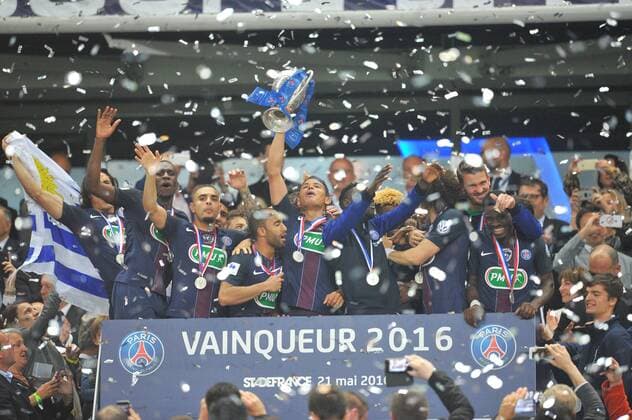 THIAGO SILVA (psg) - LAYVIN KURZAWA (psg) - NICOLAS DOUCHEZ (psg) - BLAISE MATUIDI (psg) - LUCAS MOURA (psg) - SERGE AURIER (psg) - Fussball Frankreich, Coupe de France, Finale, Olympique Marseille vs. Paris Saint Germain PSG - 21 05 2016 FEP Panoramic 