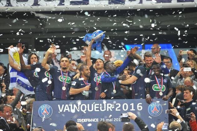 THIAGO SILVA (psg) - LAYVIN KURZAWA (psg) - NICOLAS DOUCHEZ (psg) - JEAN KEVIN AUGUSTIN (psg) - LUCAS MOURA (psg) - SERGE AURIER (psg) - EDINSON CAVANI (psg) - Fussball Frankreich, Coupe de France, Finale, Olympique Marseille vs. Paris Saint Germain PSG - 21 05 2016 FEP Panoramic 