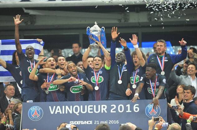 THIAGO SILVA (psg) - ANGEL DI MARIA (psg) - LAYVIN KURZAWA (psg) - NICOLAS DOUCHEZ (psg) - BLAISE MATUIDI (psg) - LUCAS MOURA (psg) - SERGE AURIER (psg) - JEAN KEVIN AUGUSTIN (psg) - DAVID LUIZ (psg) - Fussball Frankreich, Coupe de France, Finale, Olympique Marseille vs. Paris Saint Germain PSG - 21 05 2016 FEP Panoramic 