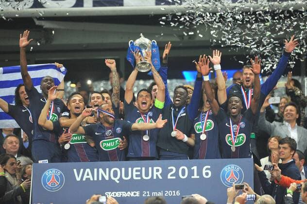 THIAGO SILVA (psg) - ANGEL DI MARIA (psg) - LAYVIN KURZAWA (psg) - NICOLAS DOUCHEZ (psg) - BLAISE MATUIDI (psg) - LUCAS MOURA (psg) - SERGE AURIER (psg) - Fussball Frankreich, Coupe de France, Finale, Olympique Marseille vs. Paris Saint Germain PSG - 21 05 2016 FEP Panoramic 