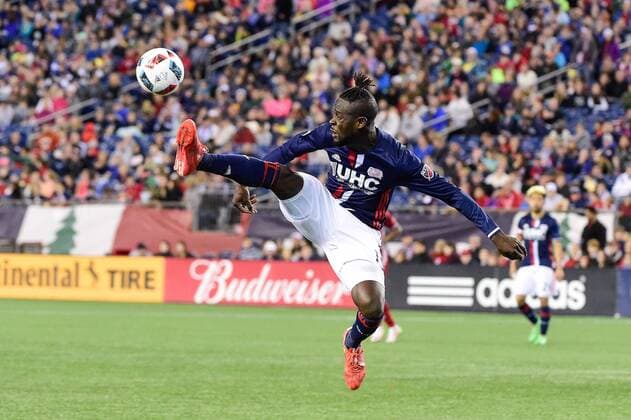 Saturday, May 21, 2016: New England Revolution forward Kei Kamara (13) kicks the ball during the MLS Fussball Herren USA game between FC Dallas and the New England Revolution held at Gillette Stadium in Foxborough Massachusetts. Dallas FC defeats New England 4-2. MLS 2016: Dallas vs Revolution MAY 21 - ZUMAc04_