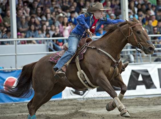 Rodeo in Surrey, Kanada (160522) -- SURREY, May 22, 2016 -- A cowgirl competes in the ladies barrel racing during the Cloverdale Rodeo in Surrey, Canada, May 21, 2016. More than 95 cowboys and cowgirls competed their riding skills at the 70th Cloverdale Rodeo in Surrey, Canada. Cloverdale Rodeo is one of the biggest and longest running rodeo event in North America. ) (cyc) CANADA-SURREY-CLOVERDALE RODEO AndrewxSoong 
