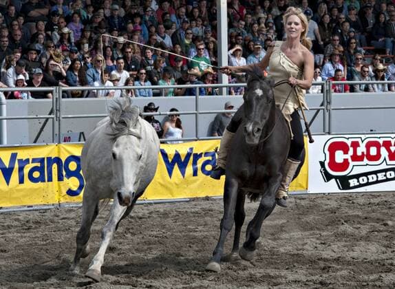 Rodeo in Surrey, Kanada (160522) -- SURREY, May 22, 2016 -- A horse trainer performs a horse trick during the Cloverdale Rodeo in Surrey, Canada, May 21, 2016. More than 95 cowboys and cowgirls compete their riding skills at the 70th Cloverdale Rodeo in Surrey, Canada. Cloverdale Rodeo is one of the biggest and longest running rodeo event in North America. ) (cyc) CANADA-SURREY-CLOVERDALE RODEO-SIDESHOWS AndrewxSoong 
