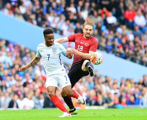 Friendly National football Match between England and Turkey at Etihad Stadium in Manchester , England on May 22, 2016. Pictured: Raheem Sterling 7 of England and Caner Erkin 18 of Turkey. 