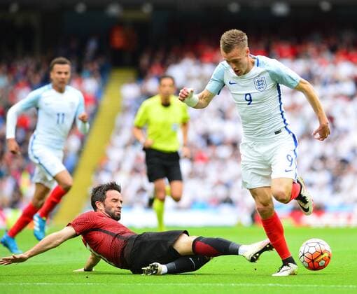 Friendly National football Match between England and Turkey at Etihad Stadium in Manchester , England on May 22, 2016. Pictured: Jamie Vardy 9 of England and Gokhan Gonul of Turkey. 