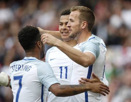 Harry Kane of England celebrates his opening goal during the International Friendly Länderspiel match at the Etihad Stadium. Photo credit should read: Philip Oldham Sportimage EDITORIAL USE ONLY. No use with unauthorised audio, video, data, fixture lists, club league logos or live services. Online in-match use limited to 120 images, no video emulation. No use in betting, games or single club league player publications.