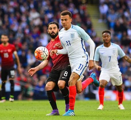Friendly National football Match between England and Turkey at Etihad Stadium in Manchester , England on May 22, 2016. Final Score: England 2 - Turkey 1 Pictured: Dele Alli 11 of England and Selcuk Inan of Turkey. 