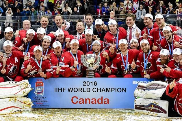 160522 Kanadas spelare jublar efter finalen i Ishockey-VM mellan Finland och Kanada den 22 maj 2016 i Moskva.  Copyright: LUDVIGxTHUNMAN BB160522LT154