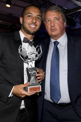 Mechelen s Sofiane Hanni and Anderlecht s manager Herman Van Holsbeeck celebrate after winning the first edition of the Professional Soccer Player of the Year 2016 gala evening, Monday 23 May 2016, in Gent. JASPERxJACOBS  x04856680x