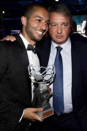 Mechelen s Sofiane Hanni and Anderlecht s manager Herman Van Holsbeeck celebrate after winning the first edition of the Professional Soccer Player of the Year 2016 gala evening, Monday 23 May 2016, in Gent. JASPERxJACOBS  x04856682x