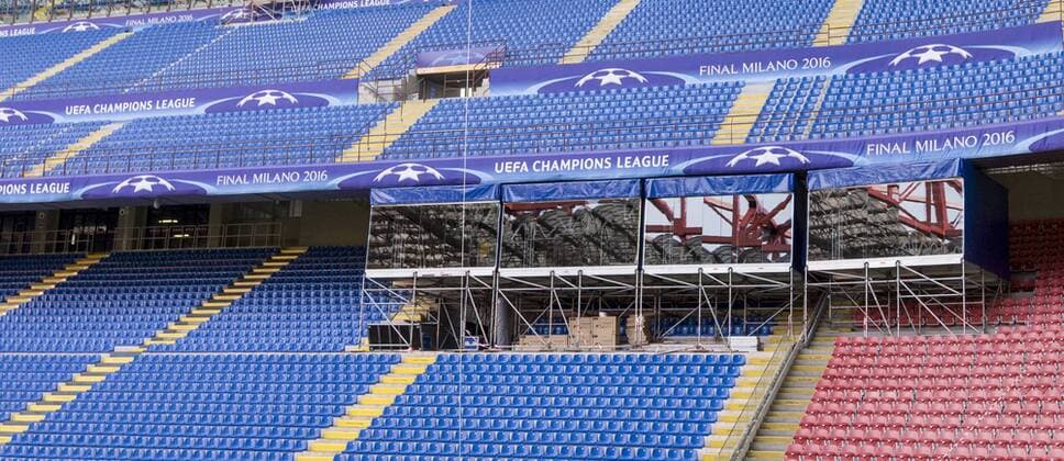 Italy: Giuseppe Meazza stadium - Champion League A sky box for tv built to the final. Giuseppe Meazza stadium (also known as San Siro) will host the Champions League final between Real Madrid Cub de Futbol and Club Atletico De Madrid.  NicolòxCampo